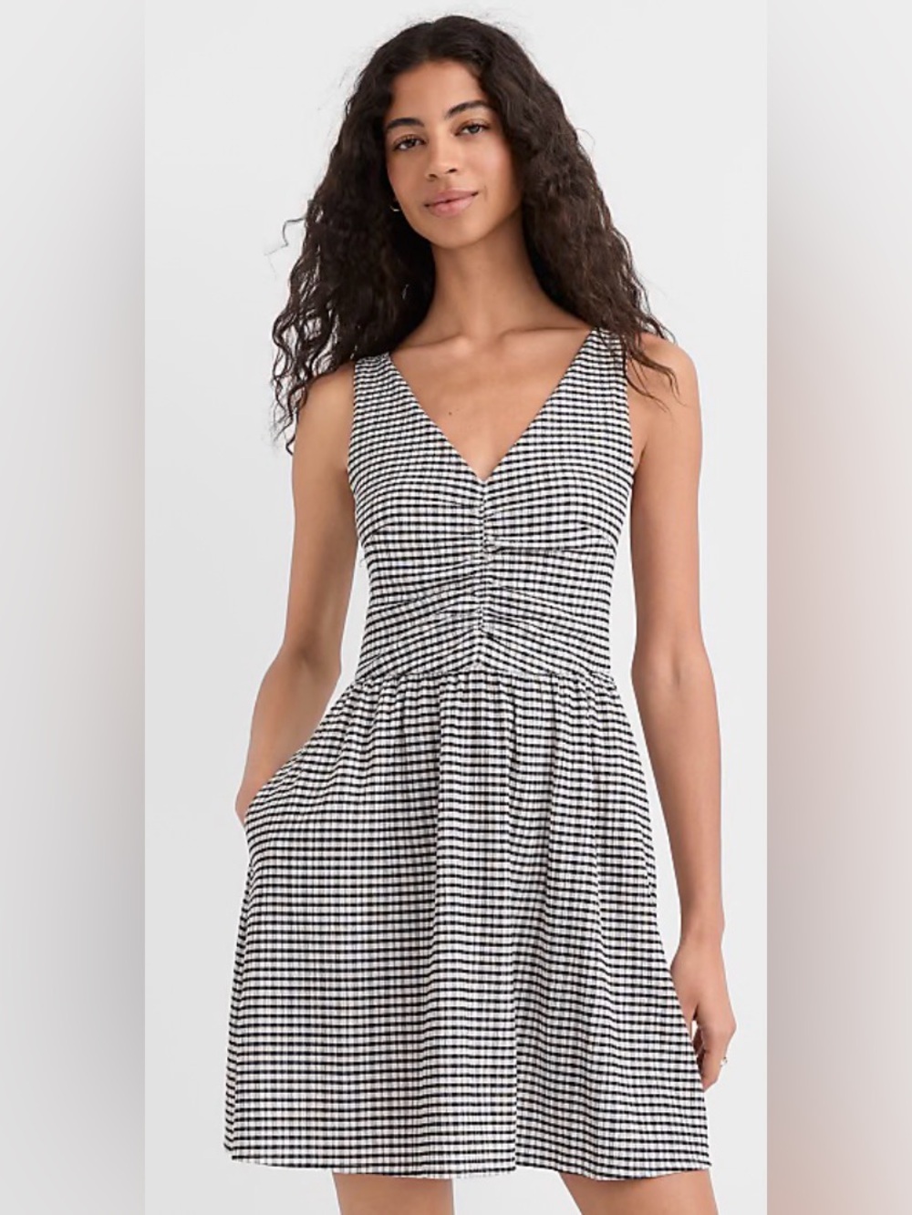 LOFT Black and White Gingham V-Neck Midi Dress